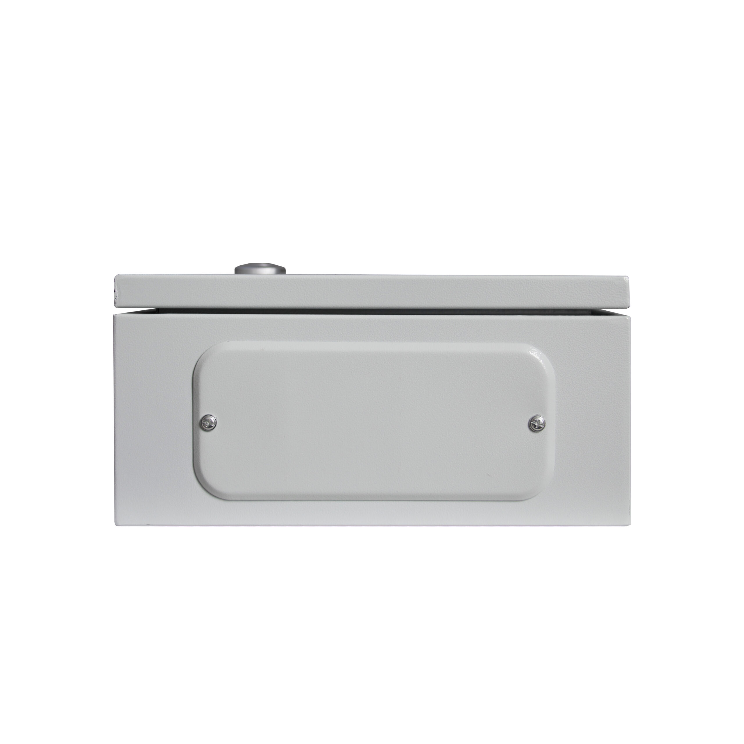 Minimalist gray metal storage box with lid handle on white background