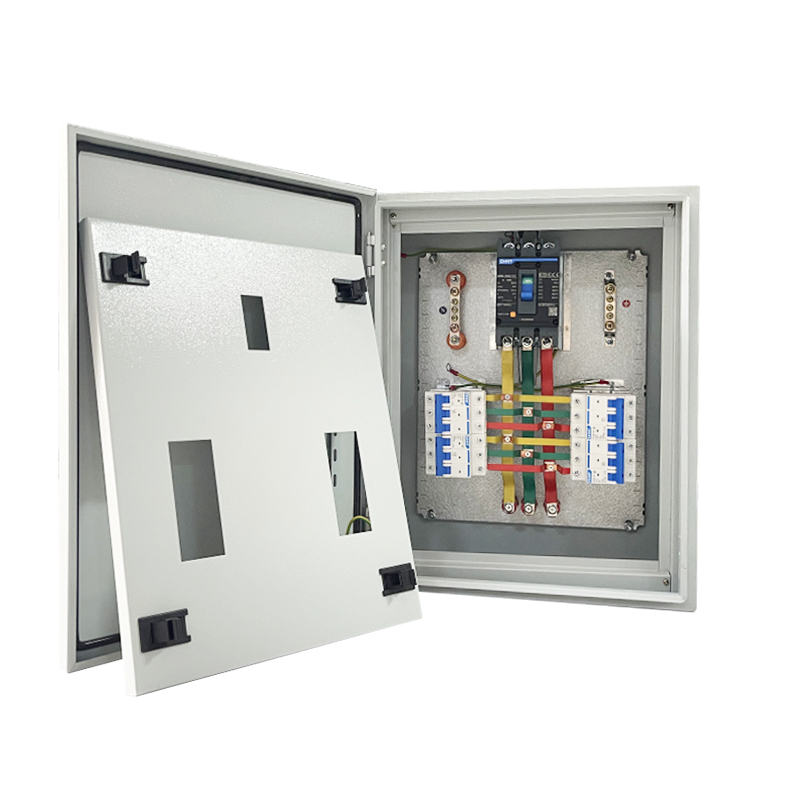 Open electrical control panel cabinet with circuit breakers and copper busbars