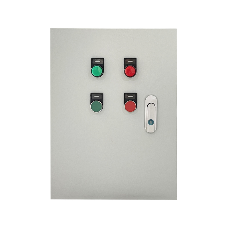Industrial control panel door with four push buttons and vertical latch handle