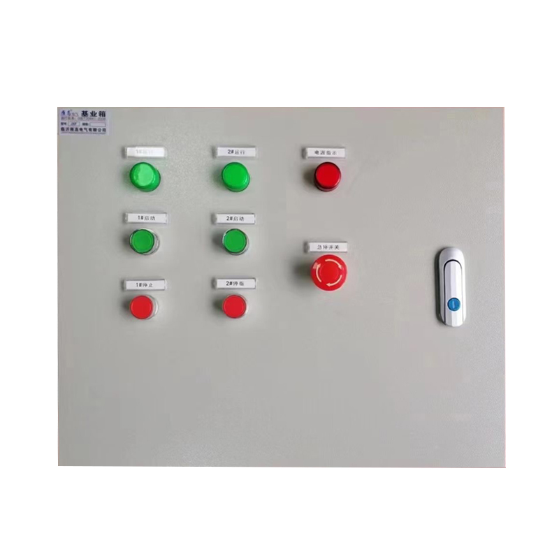 Industrial control panel with green and red pushbuttons, emergency stop button, and door handle.