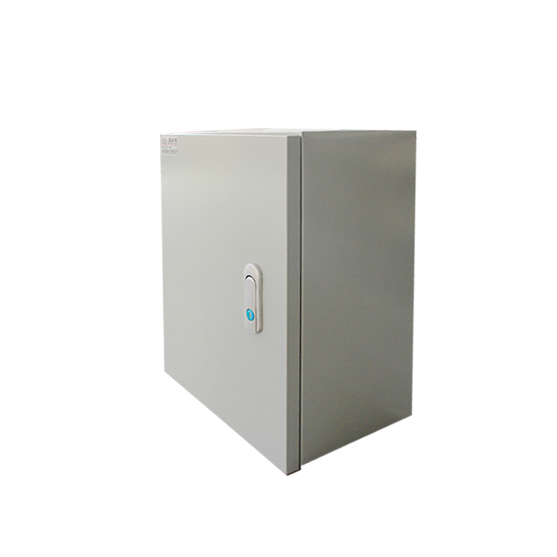 Industrial metal electrical enclosure cabinet with latch handle on white background