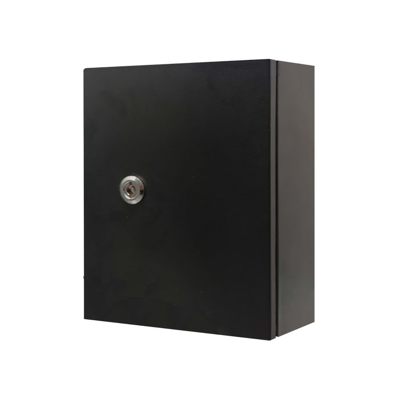Matte black lockable metal storage cabinet with silver circular latch, angled studio product photo.