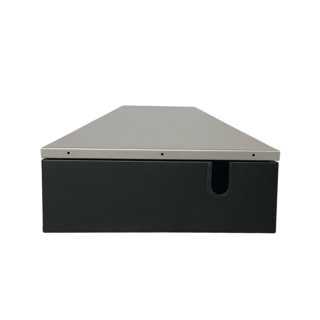 Low-profile electronic enclosure with gray top and black front access slot