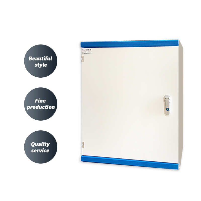 Wall-mounted electrical enclosure cabinet with blue trim and locking handle on white background.