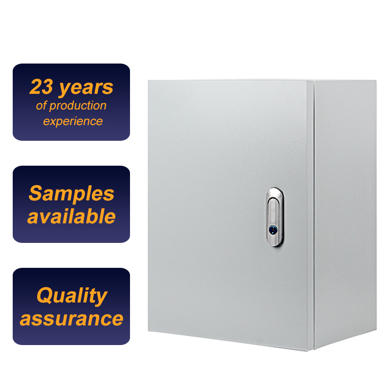Industrial metal electrical cabinet with lock, highlighting samples available and quality assurance.