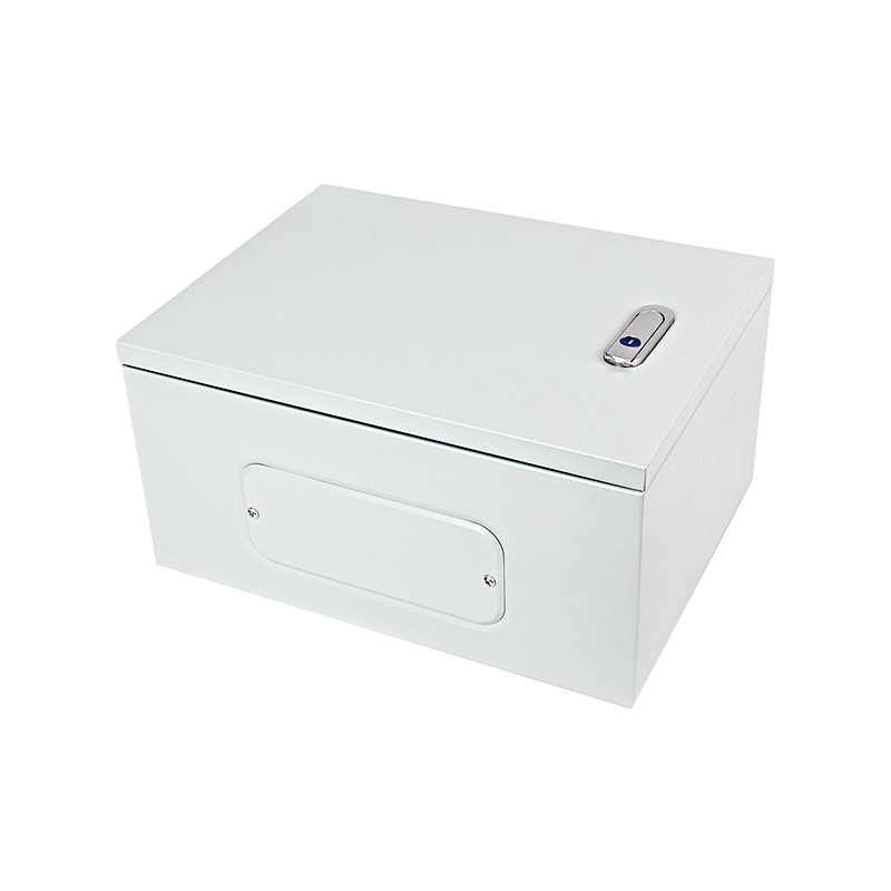 Compact metal storage box with hinged lid, latch, and front access panel