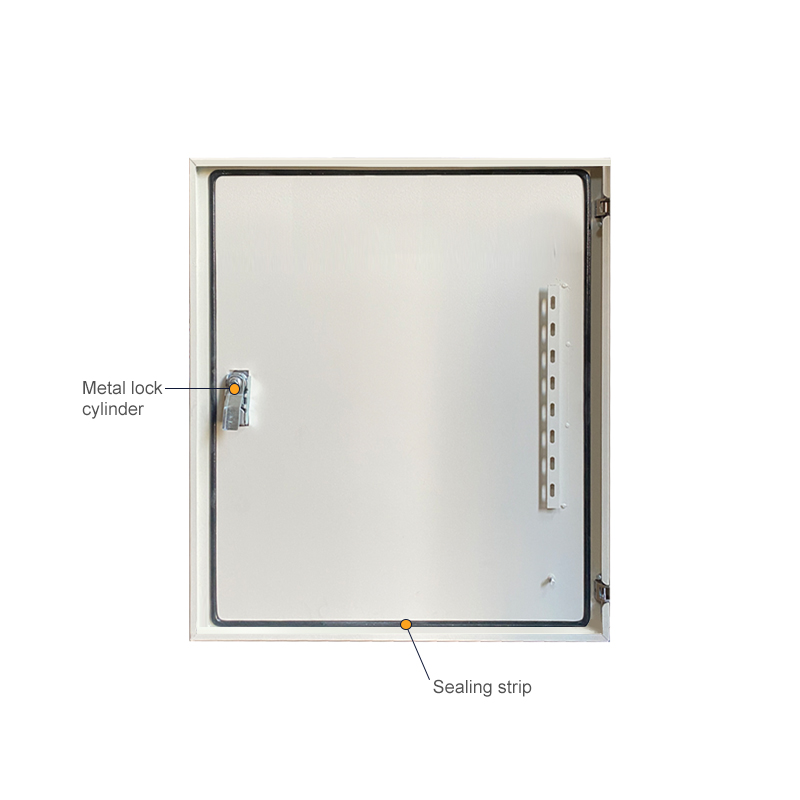 Industrial metal enclosure door with key lock cylinder and perimeter sealing strip