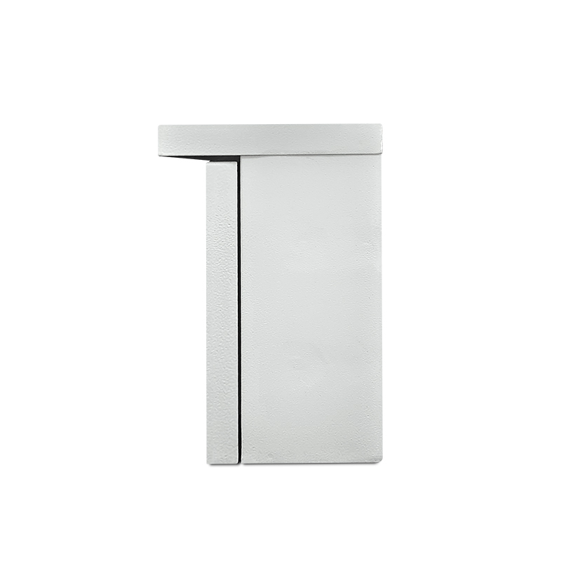 Minimalist brushed metal weatherproof junction box with cantilevered top on white background