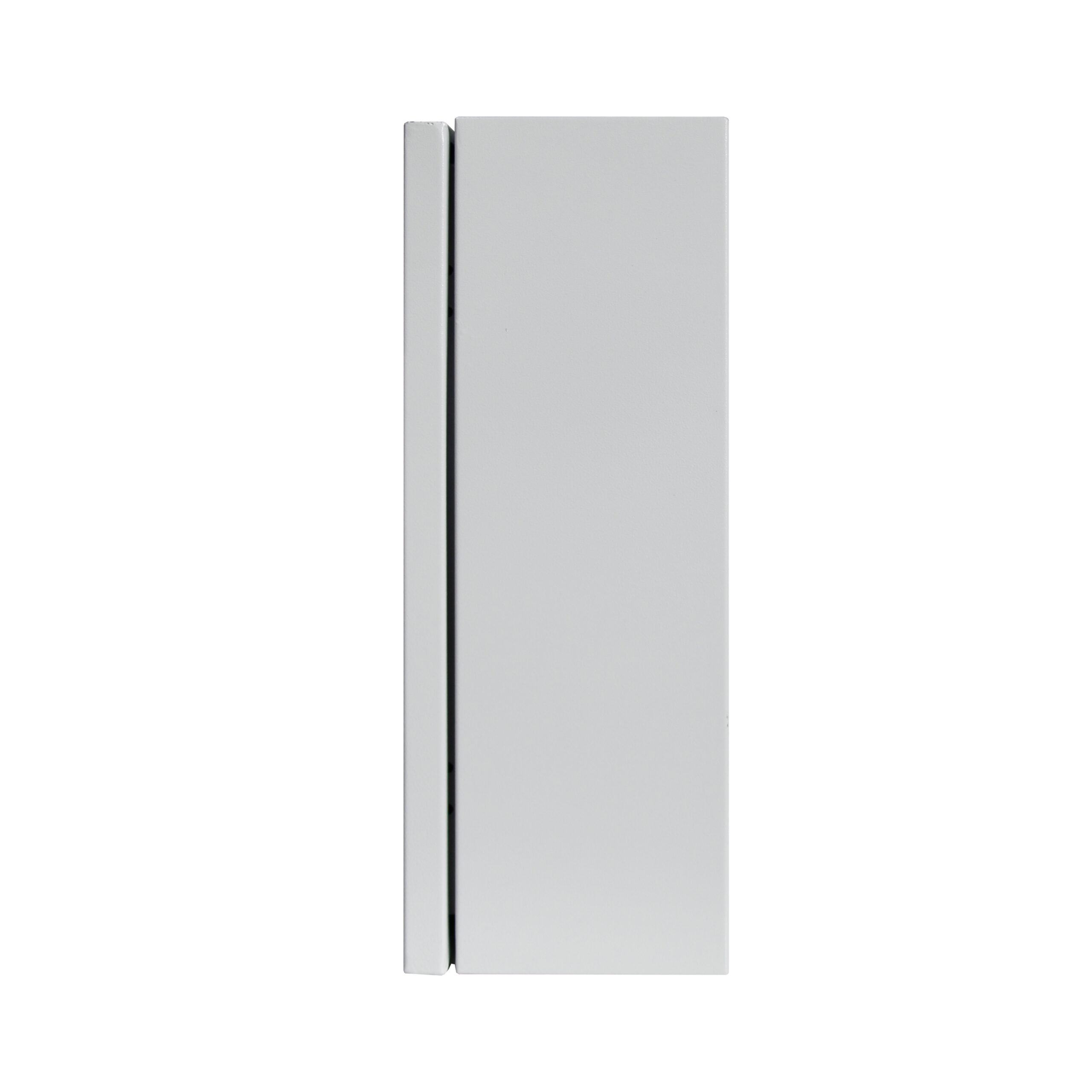 Minimalist light gray compact refrigerator with vertical recessed handle on white background.