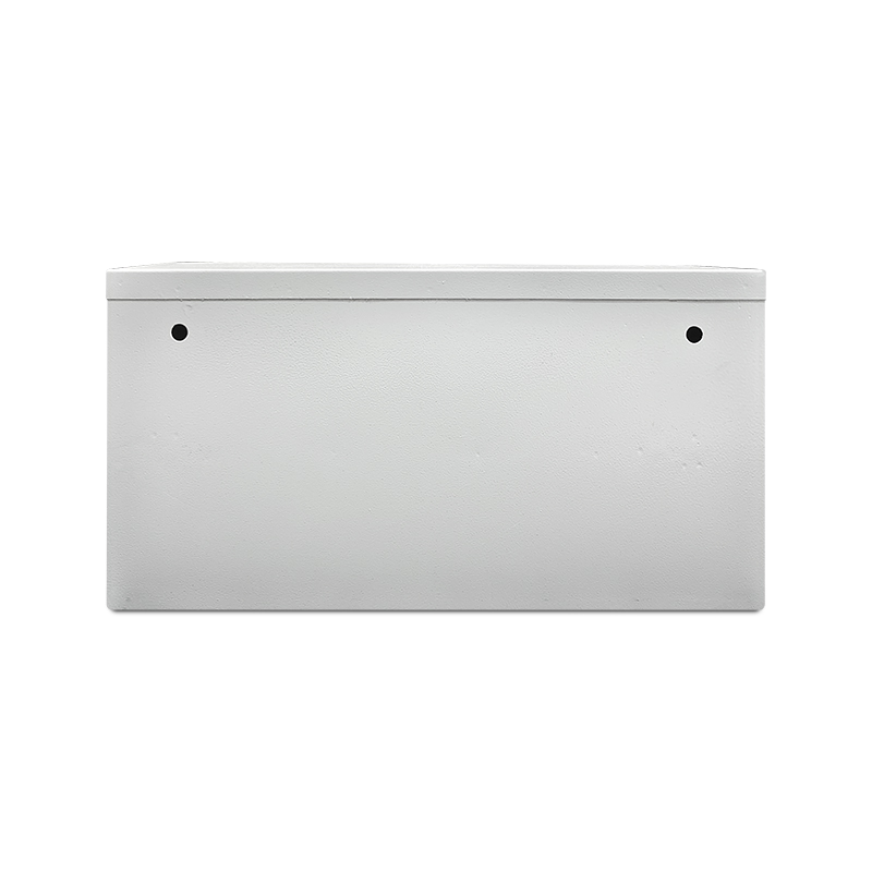 Minimalist white storage chest with flat lid, front view on white background.