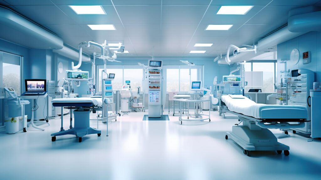 Modern hospital operating room with surgical tables, ceiling-mounted equipment arms, and bright sterile lighting