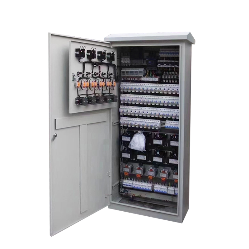 Open electrical control cabinet showing DIN rail breakers, relays, and organized wiring interior