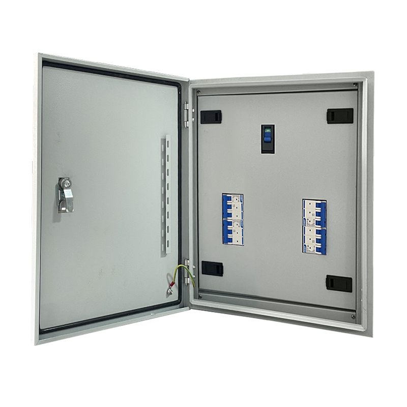 Open electrical control panel enclosure with terminal blocks and wiring on white background.