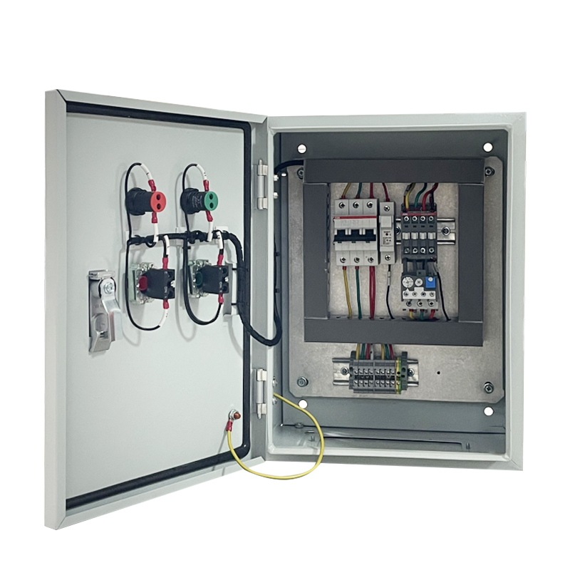 Open electrical control panel cabinet with breakers, relays, terminal blocks, and organized wiring
