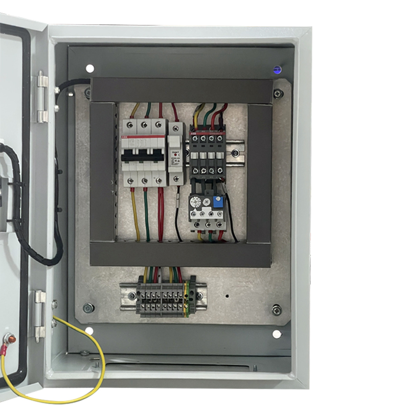 Open electrical control cabinet with circuit breakers, relays, and organized color-coded wiring