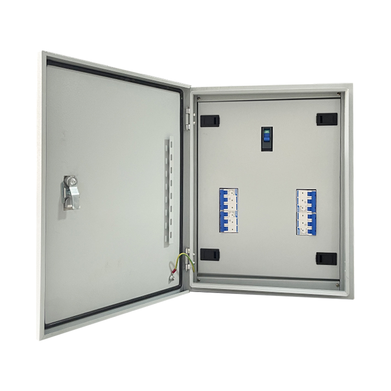 Open wall-mounted electrical distribution enclosure with breaker modules and sealed hinged door