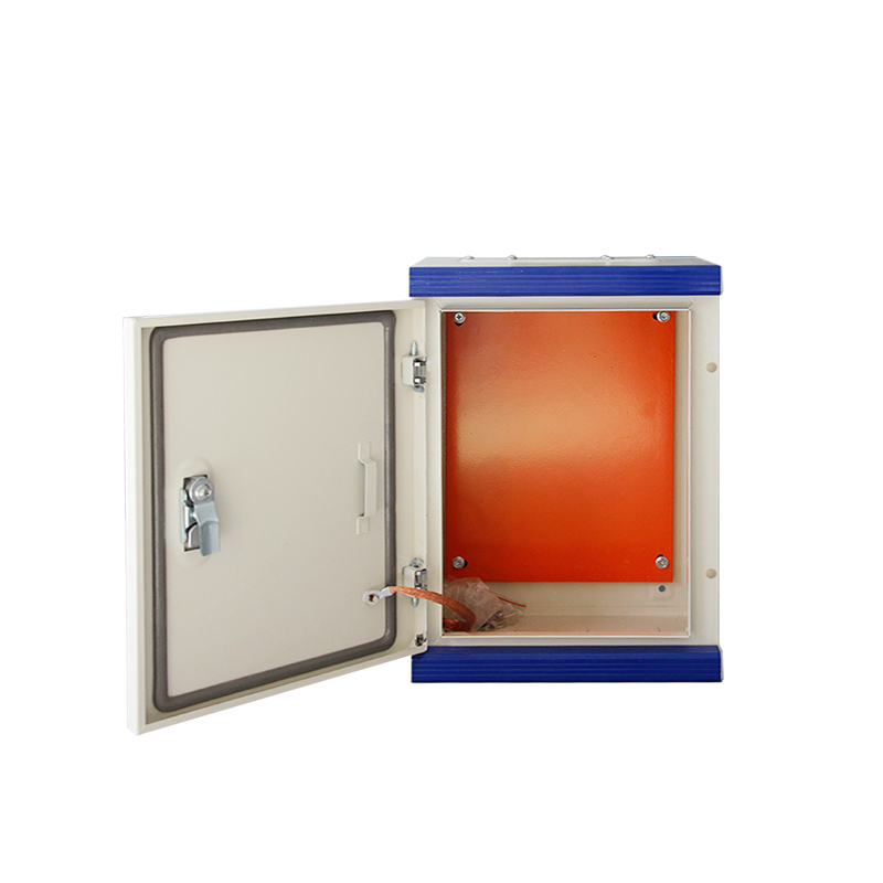 Open electrical enclosure cabinet with blue trim and orange interior panel