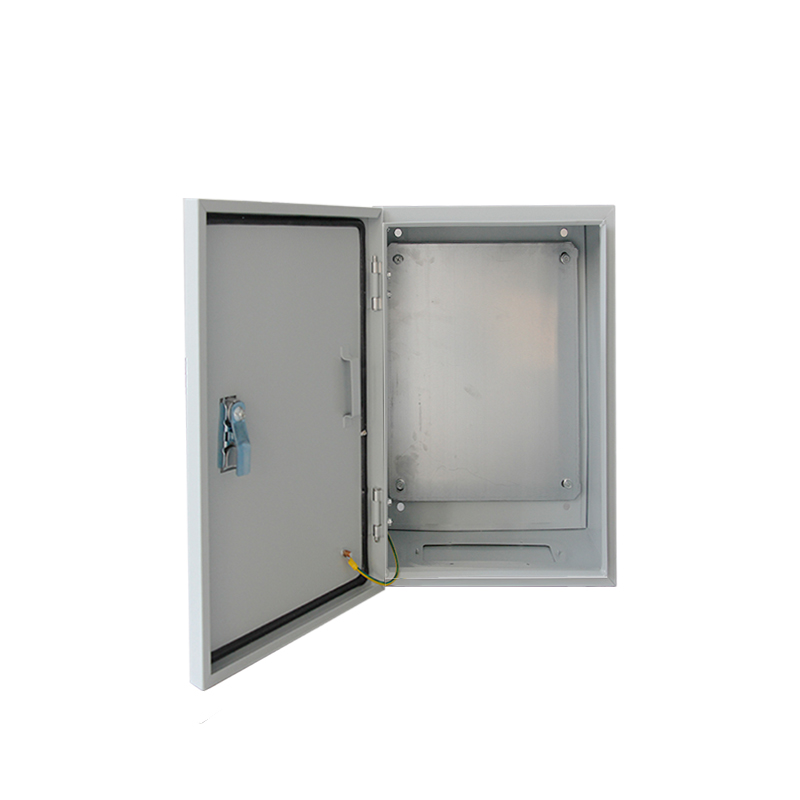Open gray electrical enclosure cabinet with hinged door and removable mounting panel