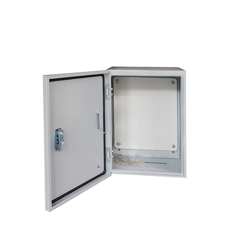 Open gray industrial electrical enclosure box with hinged door, latch, gasket, and mounting plate.
