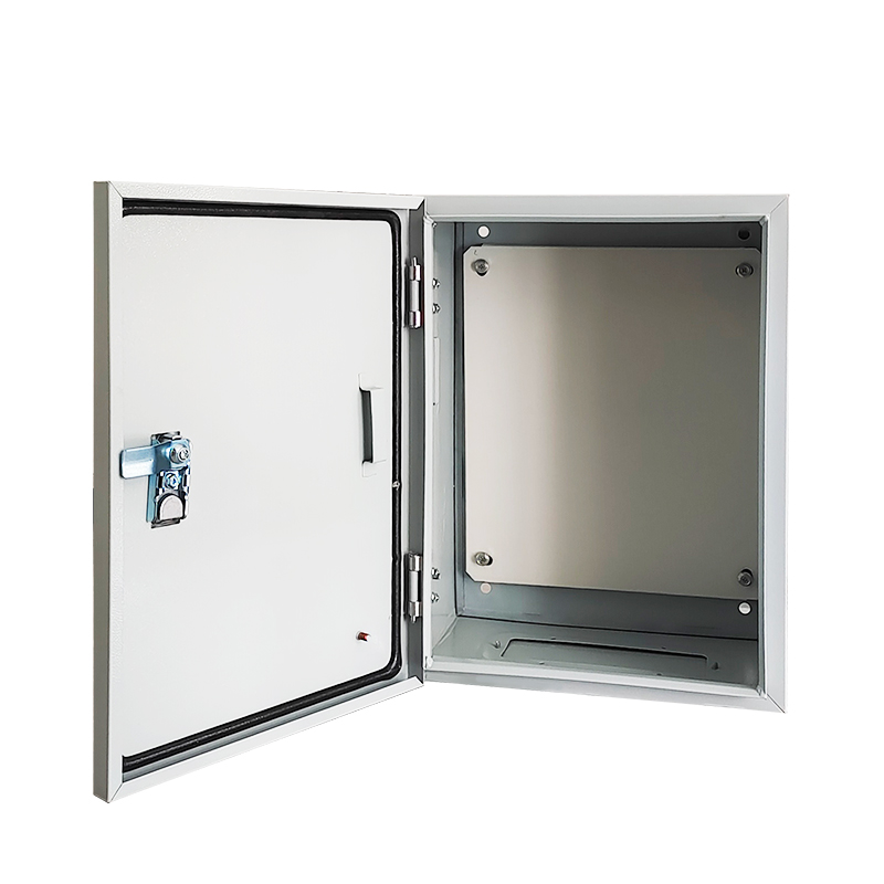 Open gray electrical control cabinet enclosure with door ajar and interior mounting plate