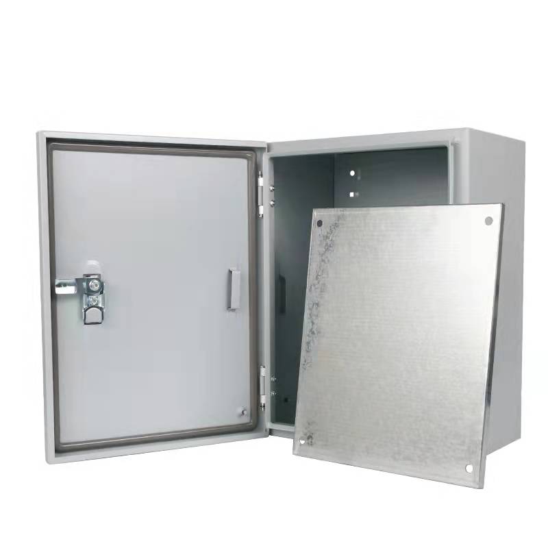 Open gray metal electrical enclosure cabinet with hinged door and removable inner panel