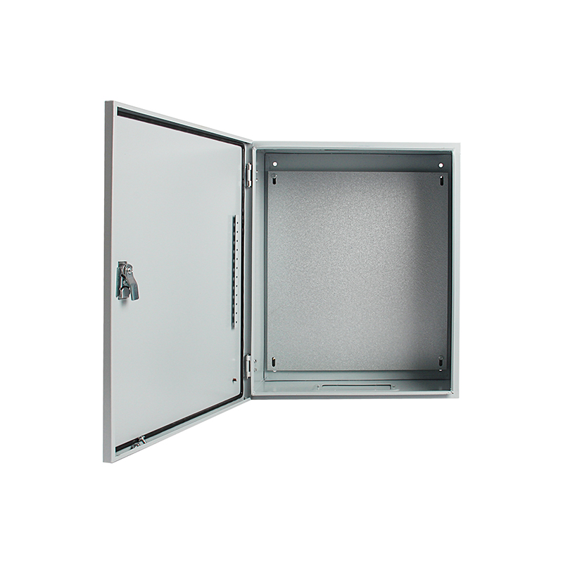 Open gray metal electrical enclosure cabinet with hinged door and empty interior