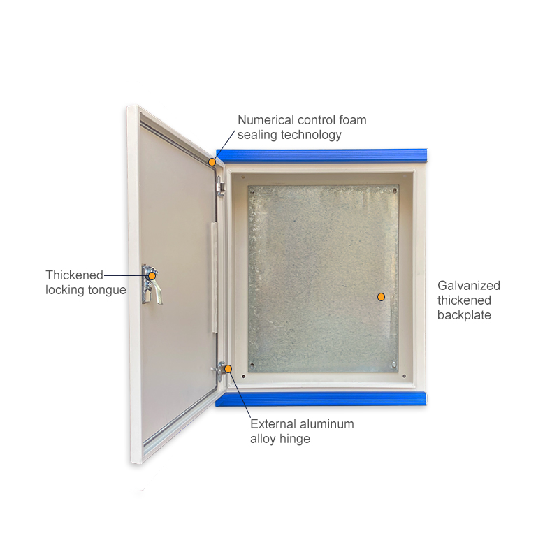 Open metal access panel showing aluminum hinge, locking tongue, foam seal, galvanized backplane