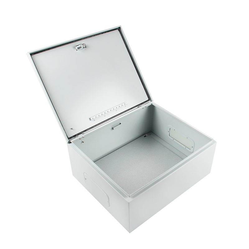 Open gray metal electrical junction box enclosure with hinged lid, empty interior