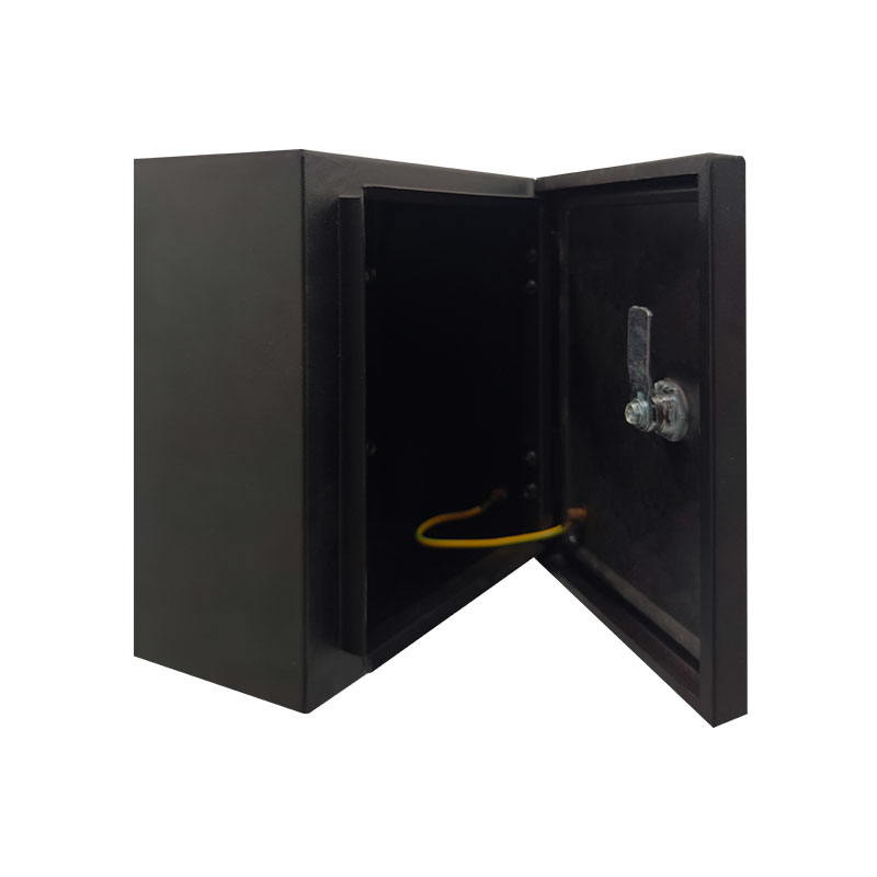 Open black metal lockbox with door latch and yellow cable inside