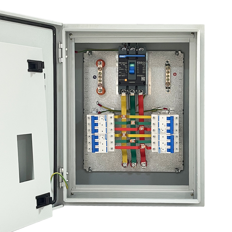 Open electrical distribution panel with main breaker, copper busbars, and DIN rail breakers
