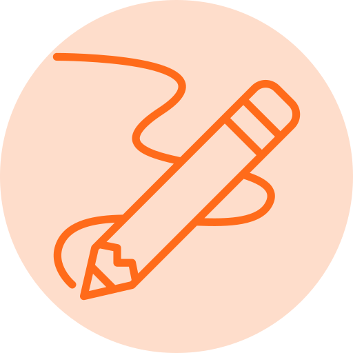 Minimalist orange pencil line art icon with swirling sketch line on peach background.