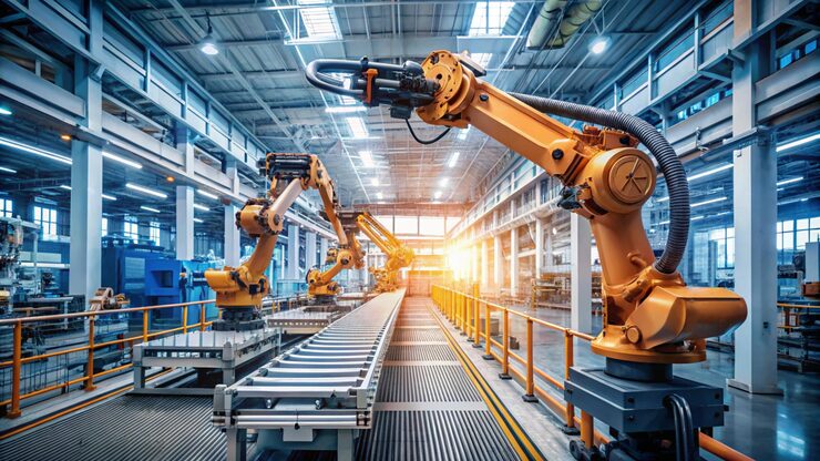 Orange robotic arms operating on automated factory assembly line in modern industrial warehouse.