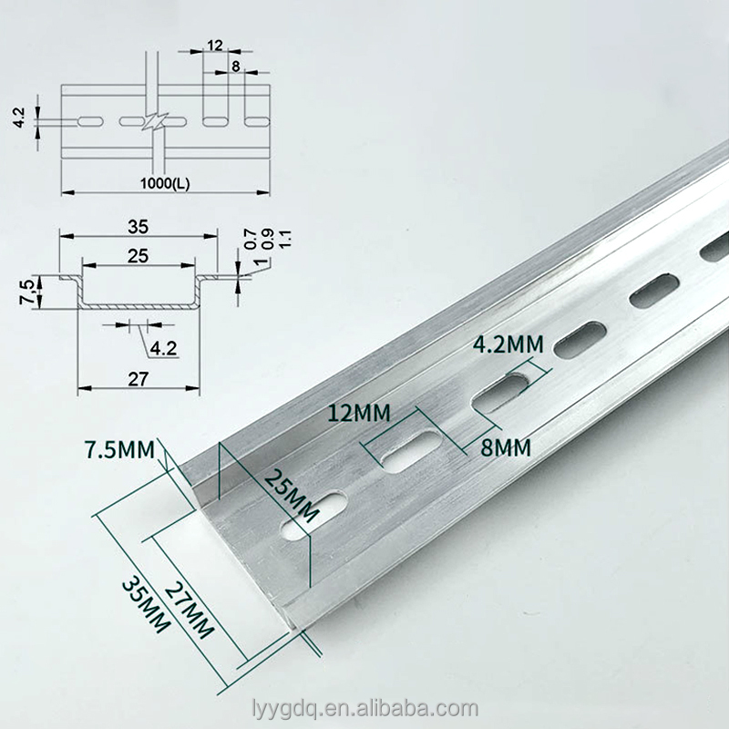 Slotted aluminum mounting rail with adjustable oblong holes and technical dimension diagram