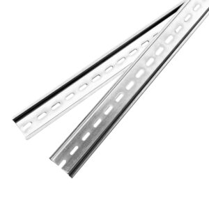 Two slotted metal strut channel rails for mounting, isolated on white background.