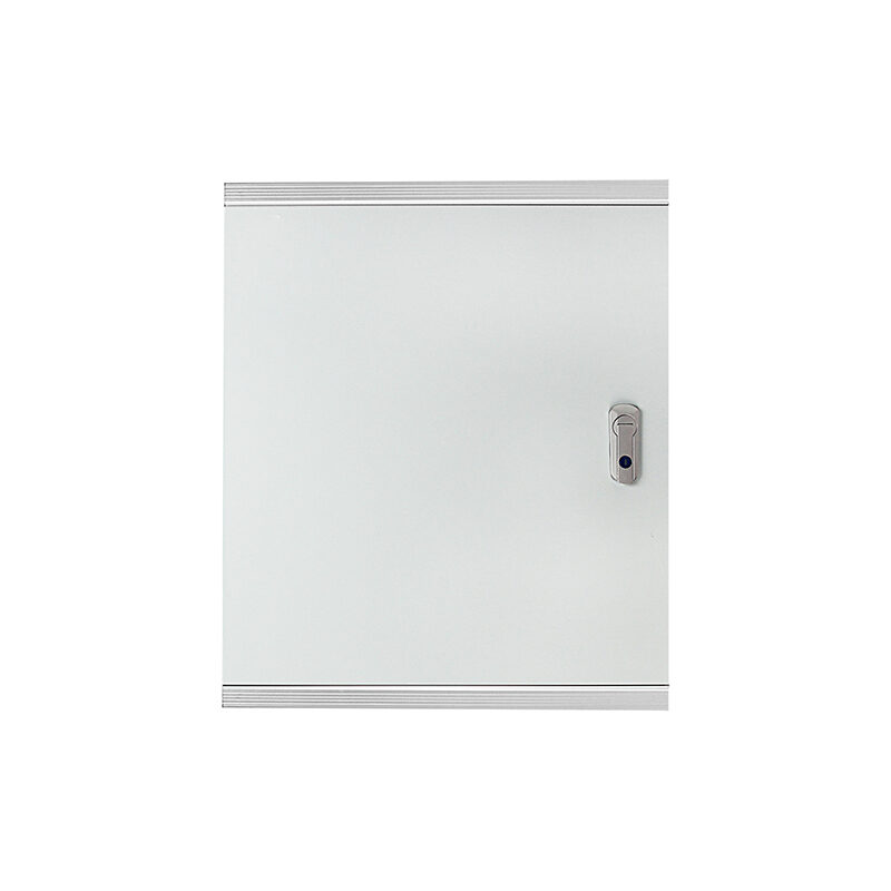 Square off-white utility access panel door with metal latch lock on right