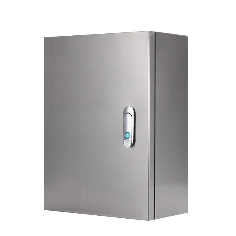 Stainless steel lockable electrical enclosure cabinet with recessed handle, three-quarter view