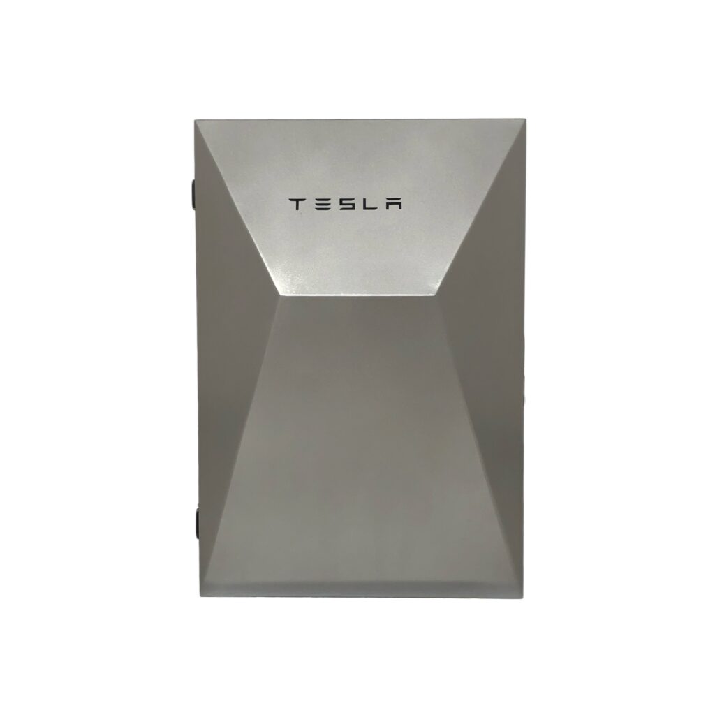 Wall-mounted Tesla Powerwall battery with brushed metal geometric front panel on white background.