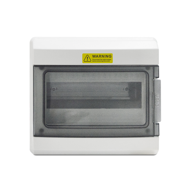 Wall-mounted electrical breaker enclosure with tinted viewing cover and warning label