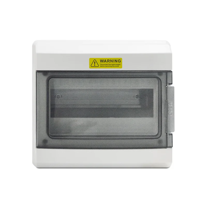 Wall-mounted electrical panel enclosure with tinted window and warning label