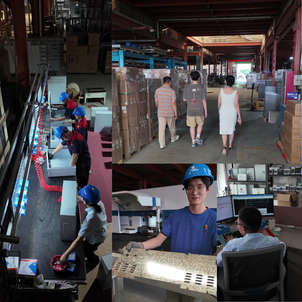 Warehouse workers packing products, stacked inventory aisle, and office workstation in industrial facility