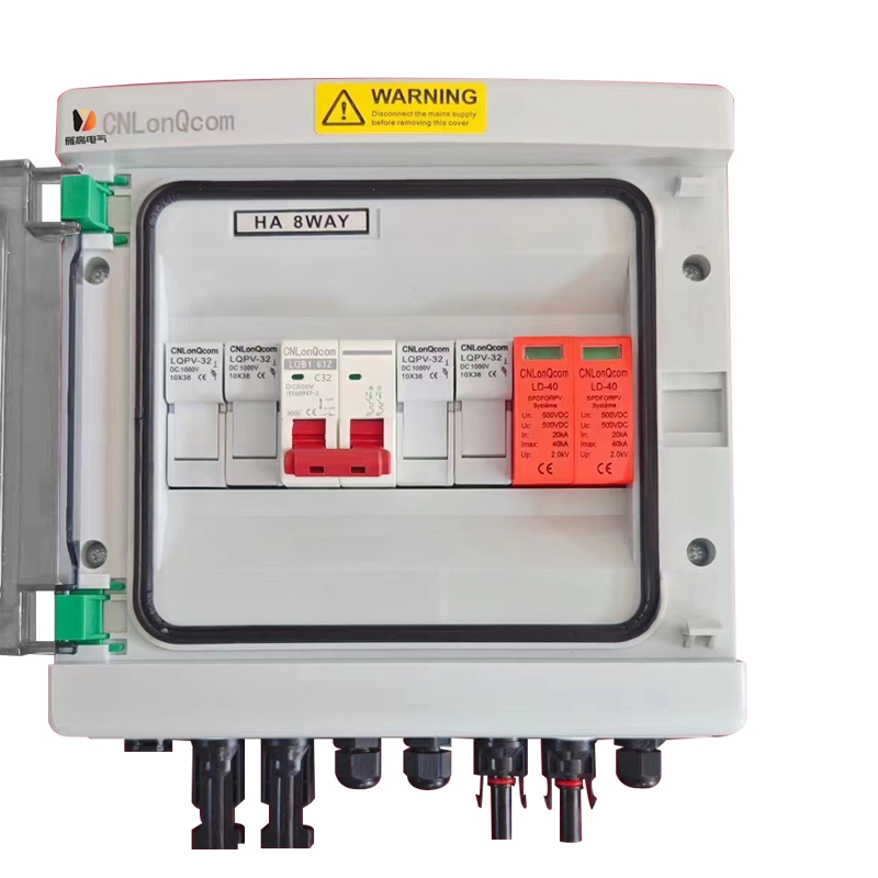 Weatherproof electrical control panel with circuit breakers, warning label, and cable glands.