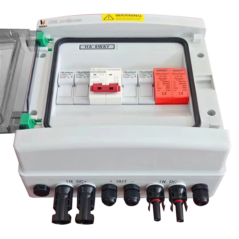 Weatherproof electrical distribution box with DIN rail breakers, red switch, and cable glands