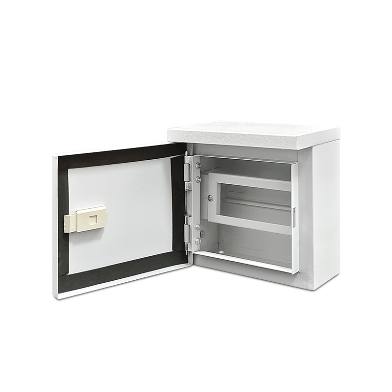 Open wall-mounted weatherproof electrical enclosure box with two DIN rails inside.