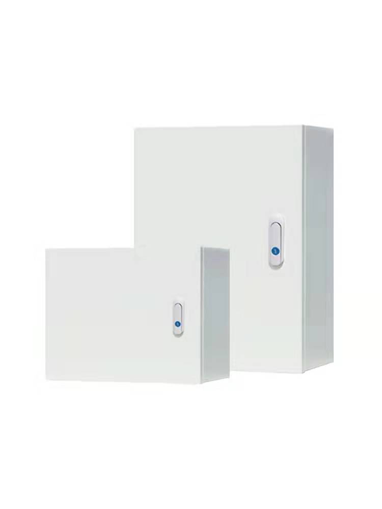 Two minimalist white product enclosures with oval latches on a clean white background.
