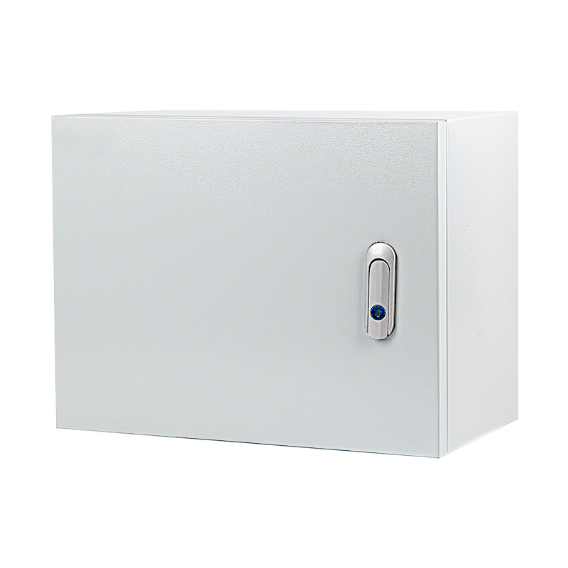White wall-mounted electrical cabinet with locking handle on plain background.