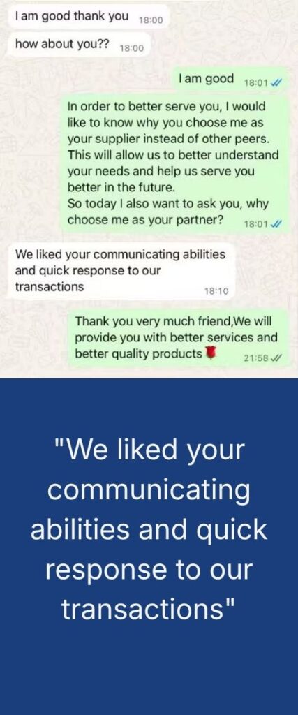 Client testimonial graphic praising clear communication and quick transaction response.