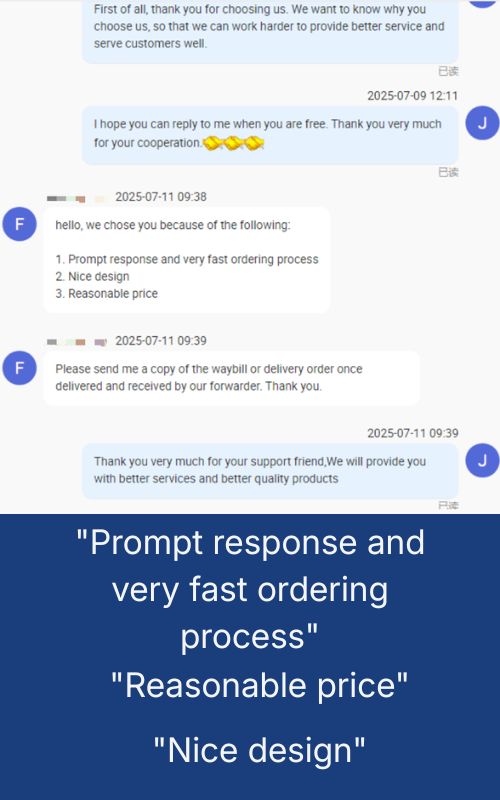 Customer chat screenshot highlighting fast service, reasonable price, and nice design review