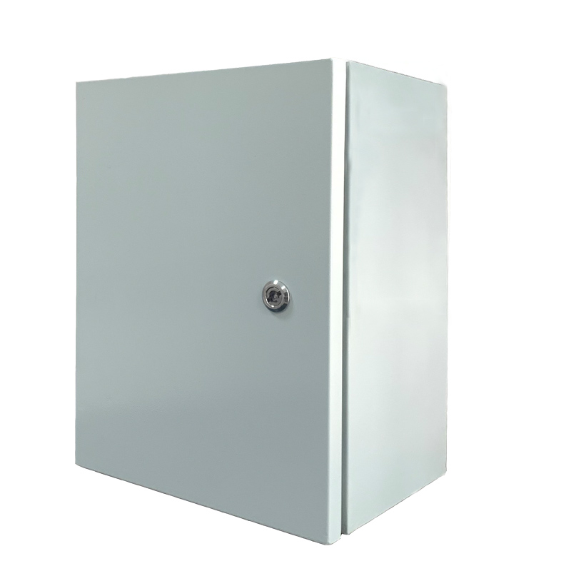 Lockable gray metal electrical enclosure cabinet with key lock, angled front view