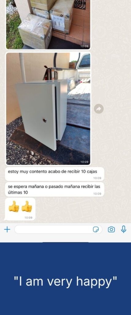 Messaging app screenshot showing outdoor cabinet photos and chat with “I am very happy” banner.