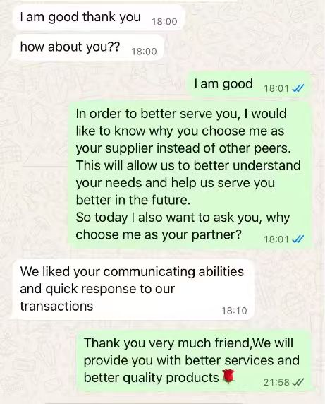 Chat screenshot: customer praises supplier’s communication skills and quick response times.